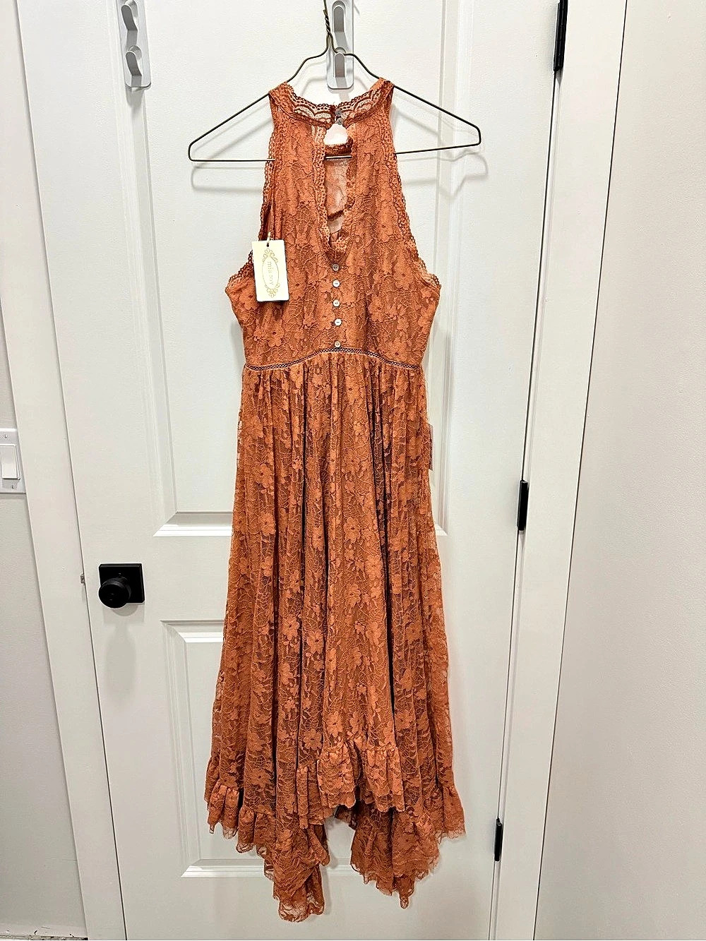 Mia Joy Fall Emmaline Dress Floral Lace Maxi Orange Large NWT